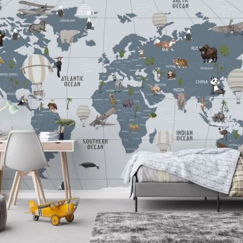 Fototapet Copii: Harta Lumii pe Fundal Albastru cu Animăluțe, Fără Îmbinări