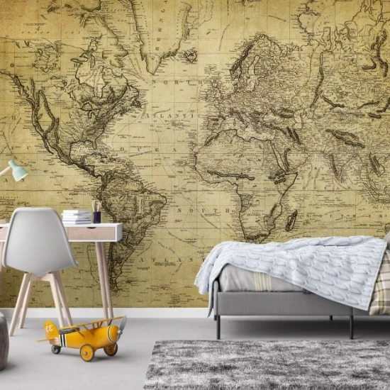 Fototapet Harta Antică a Lumii pe Fundal Vintage, Fără Îmbinări