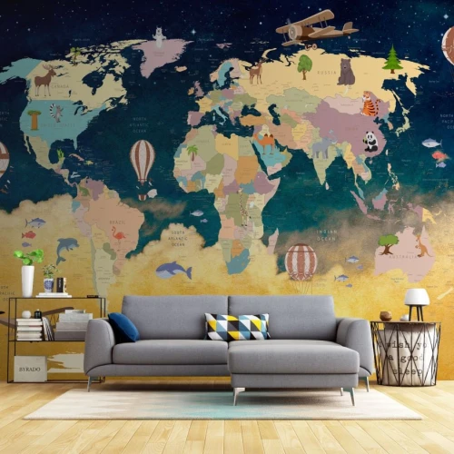 Fototapet Copii: Harta Lumii pe Fundal de Noapte, Fără Îmbinări