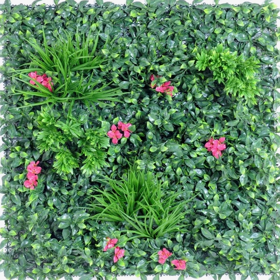 Perete decorativ verde artificial cu flori fucsia 100x100 cm