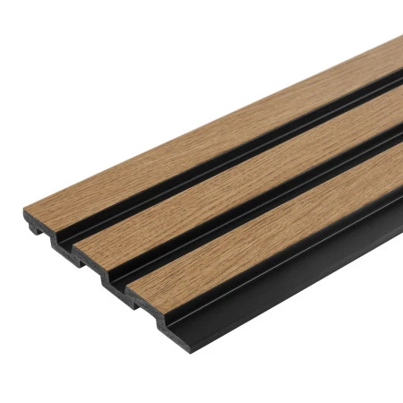 Panou riflat din polimer rigid în nuanța stejarului, 270 x 12,1 x 1,2 cm, cu trei lamele și trei caneluri