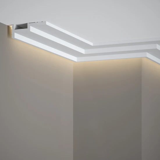 Cornisa tavan QL024 polimer rigid 3 x 8.5 x 200 cm compatibila LED, minimalista, alb vopsibil, Mardom Decor