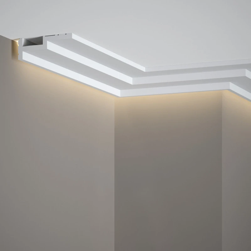 Cornisa tavan QL024 polimer rigid 3 x 8.5 x 200 cm compatibila LED, minimalista, alb vopsibil, Mardom Decor