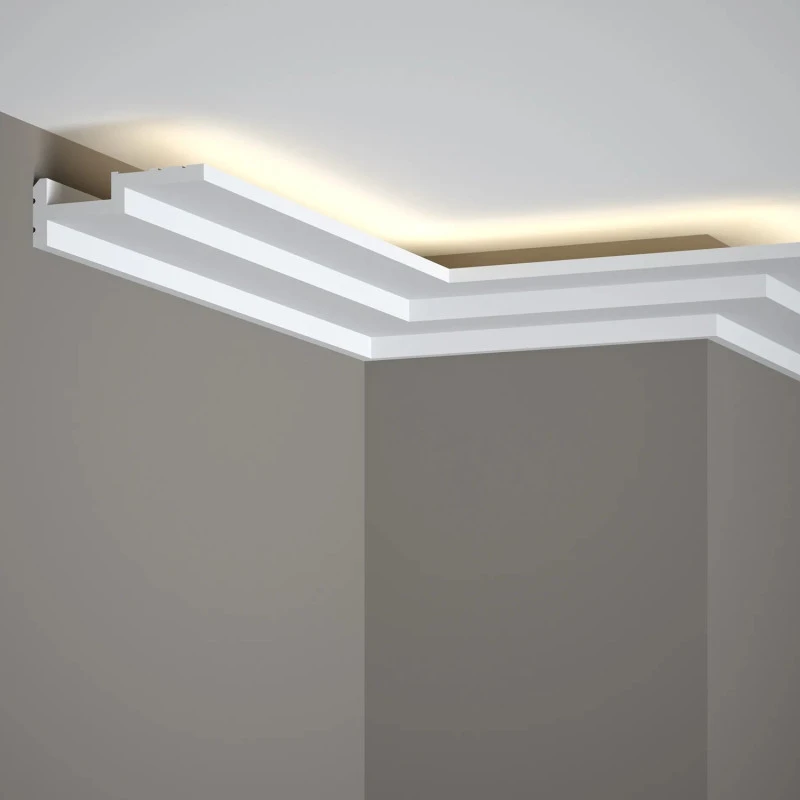 Cornisa tavan QL024 polimer rigid 3 x 8.5 x 200 cm compatibila LED, minimalista, alb vopsibil, Mardom Decor