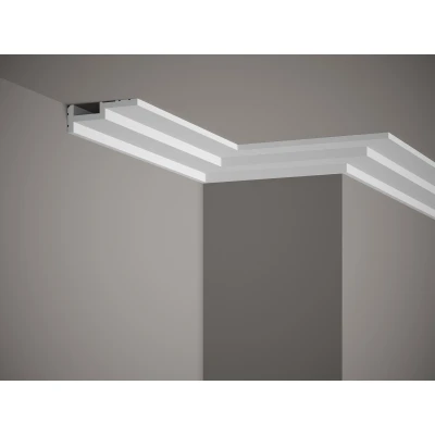 Cornisa tavan QL024 polimer rigid 3 x 8.5 x 200 cm compatibila LED, minimalista, alb vopsibil, Mardom Decor