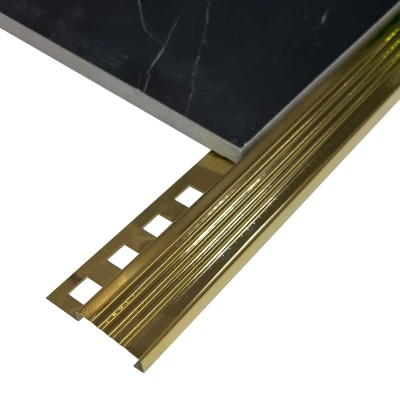 Profil inox, terminatie treapta gresie 10x30 mm, auriu oglinda, antiderapant Premier Decor