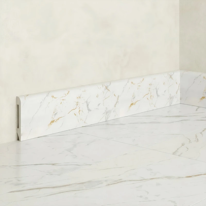 Plinta decorativa Gold White WP08 14x79x2000 mm, aspect marmura Calacatta Gold din Polimer Dur