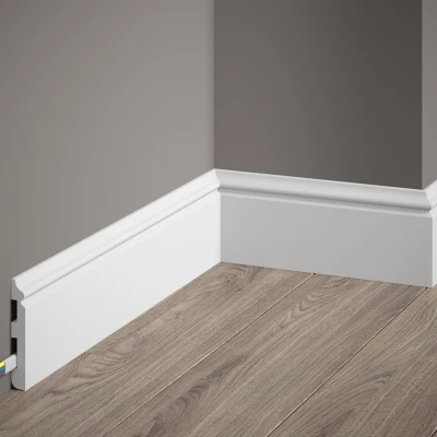 Plintă decorativă MD018 polimer rigid alb 8x1.3x200 cm, stil clasic minimalist MARDOM DECOR