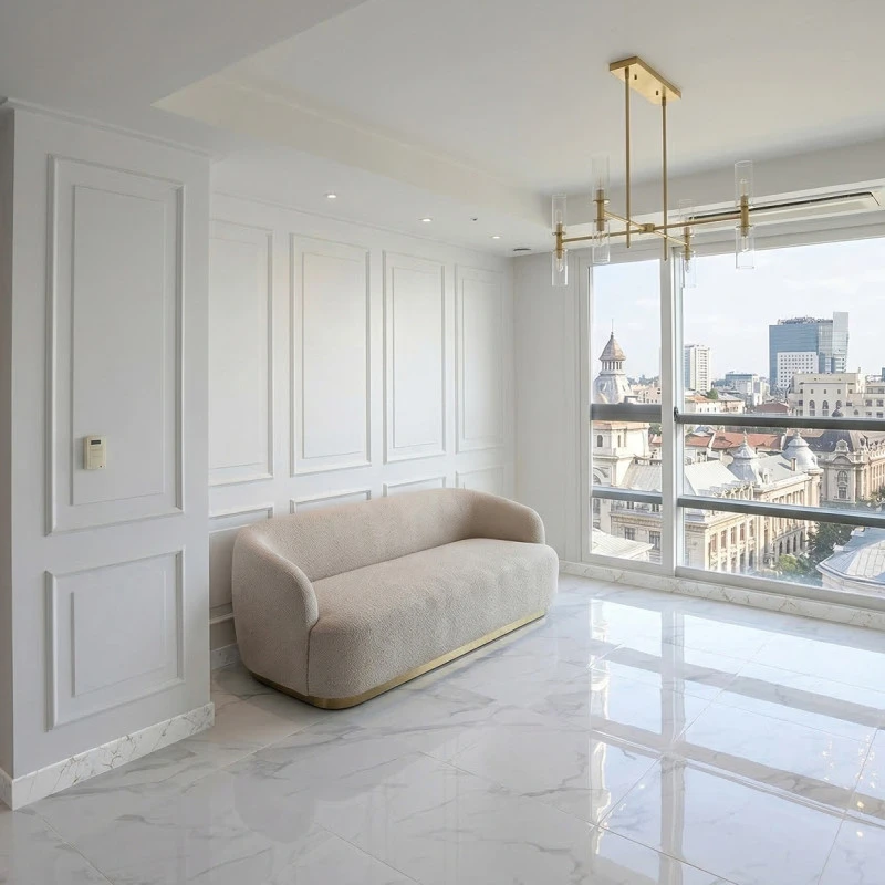 Plinta decorativa Gold White WP08 14x79x2000 mm, aspect marmura Calacatta Gold din Polimer Dur