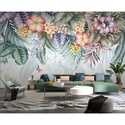 Fototapet fara imbinari Dream Butterflies With Tropical Flowers Premier Decor