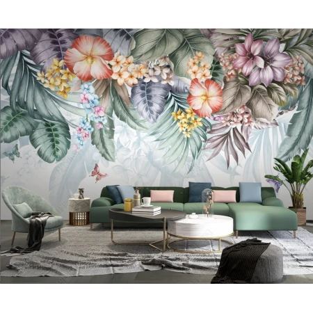 Fototapet fara imbinari Dream Butterflies With Tropical Flowers Premier Decor