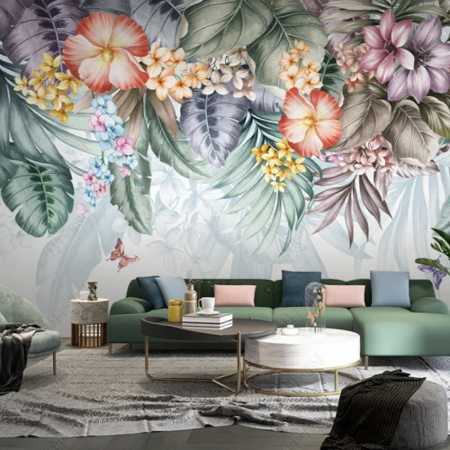 Fototapet fara imbinari Dream Butterflies With Tropical Flowers