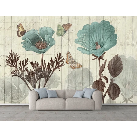 Fototapet 3D Frunze și Flori cu Aspect de Lemn Premier Decor