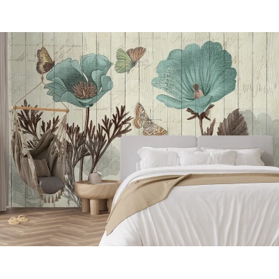 Fototapet 3D Frunze și Flori cu Aspect de Lemn Premier Decor