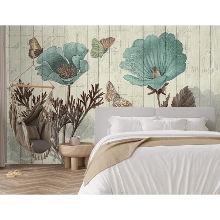 Fototapet 3D Frunze și Flori cu Aspect de Lemn Premier Decor