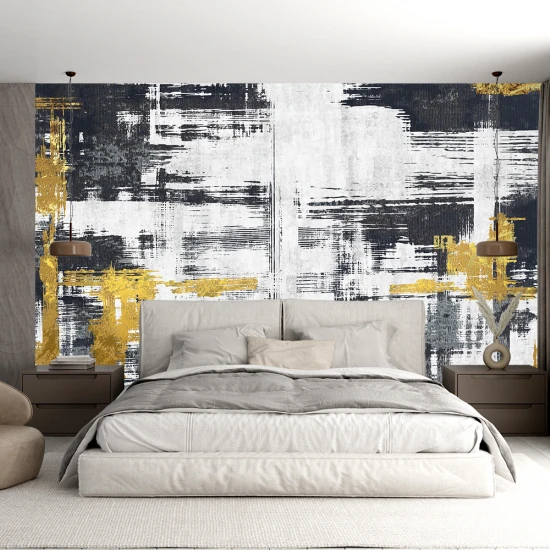 Fototapet Abstract Alb-Negru cu Accente Aurii