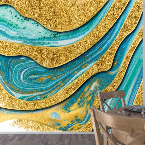 Fototapet fara imbinari Gorgeous Golden Marble Background With Blue Waves