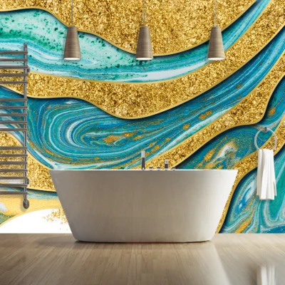 Fototapet fara imbinari Gorgeous Golden Marble Background With Blue Waves Premier Decor