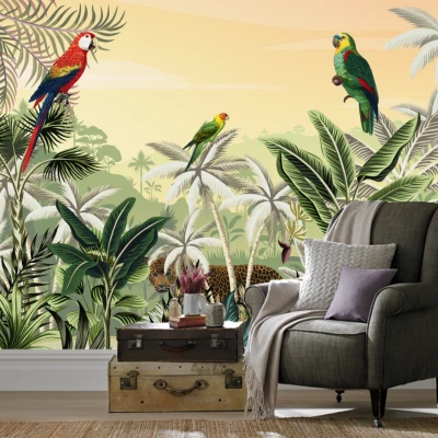 Fototapet fara imbinari Parrots In The Exotic Forest Premier Decor