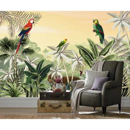 Fototapet fara imbinari Parrots In The Exotic Forest