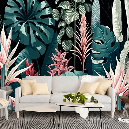 Fototapet fara imbinari flori si frunze tropicale colorate