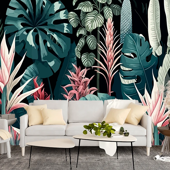Fototapet fara imbinari flori si frunze tropicale colorate