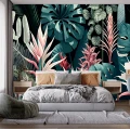 Fototapet fara imbinari flori si frunze tropicale colorate