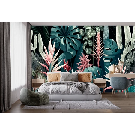 Fototapet fara imbinari flori si frunze tropicale colorate