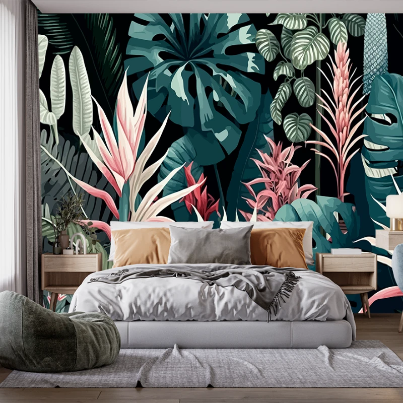 Fototapet fara imbinari flori si frunze tropicale colorate