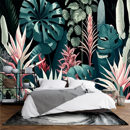 Fototapet fara imbinari flori si frunze tropicale colorate