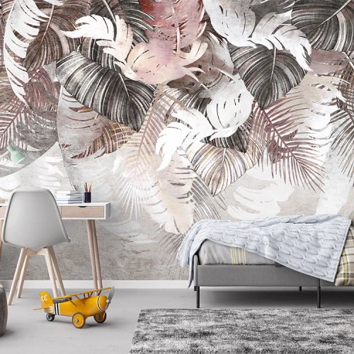 Fototapet fara imbinari Frunze Tropicale Sepia Textura Beton