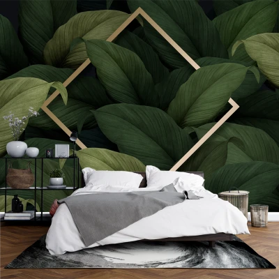 Fototapet fara imbinari frunze verzi geometrie auriu Premier Decor