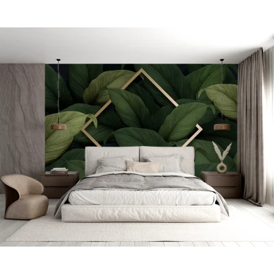 Fototapet fara imbinari frunze verzi geometrie auriu Premier Decor