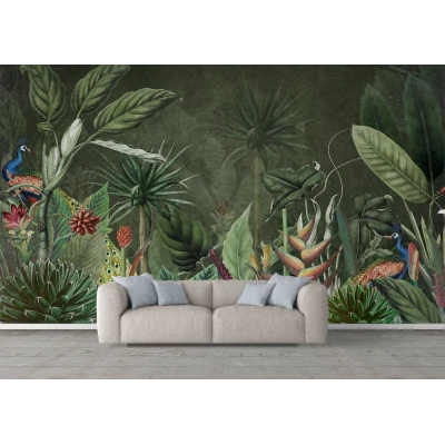 Fototapet fara imbinari jungla verde frunze tropicale animale Premier Decor