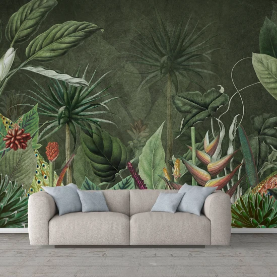 Fototapet fara imbinari jungla verde frunze tropicale animale Fototapet fara imbinari jungla verde frunze tropicale animale