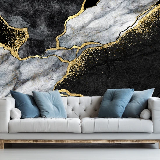 Fototapet Marmură Negru și Auriu pentru Living și Dormitor