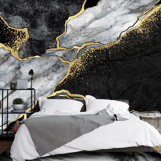 Fototapet Marmură Negru și Auriu pentru Living și Dormitor