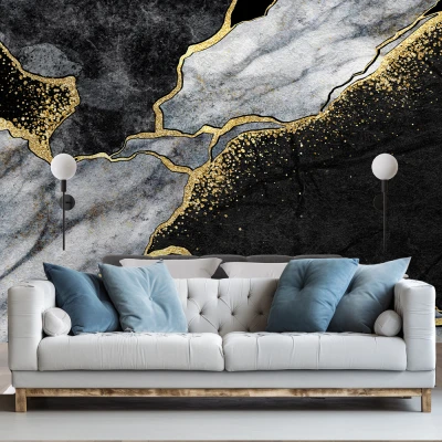 Fototapet Marmură Negru și Auriu pentru Living și Dormitor Premier Decor