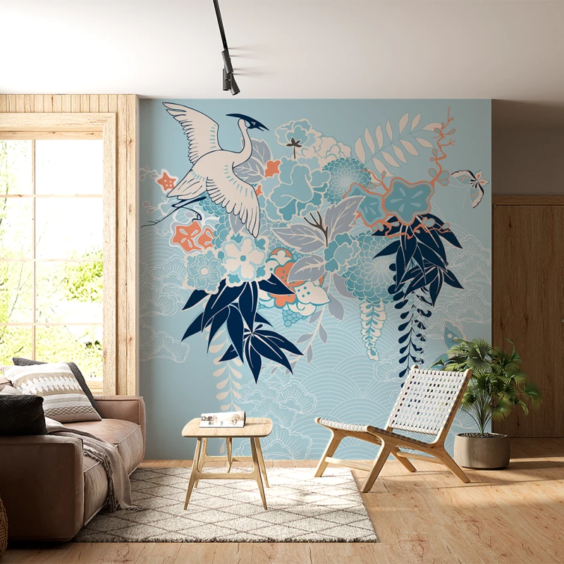 Fototapet fara imbinari Oriental Pattern Pasare Frunze