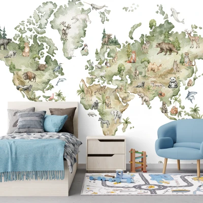 Fototapet fara Imbinari Pentru Copii Harta Lumii cu Animale Premier Decor
