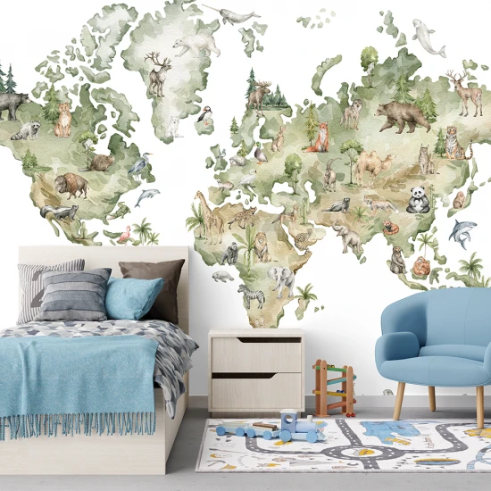 Fototapet fara Imbinari Pentru Copii Harta Lumii cu Animale
