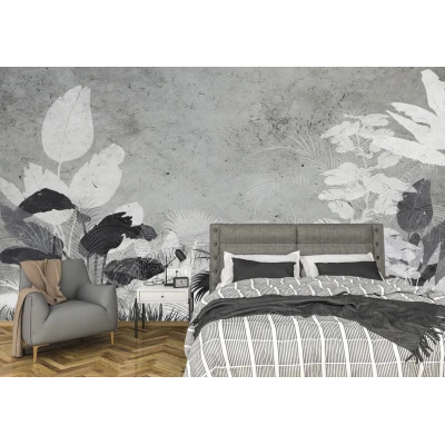 Fototapet fara imbinari Black And White Tropical Leaves Premier Decor