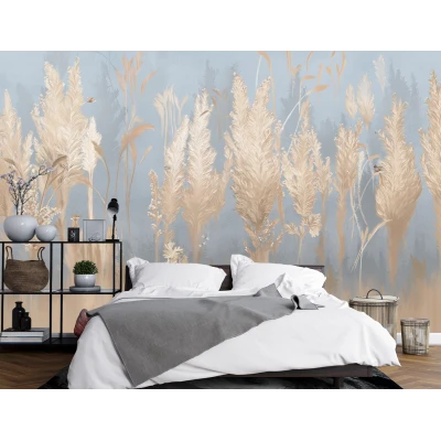 Fototapet Modern 3D cu Plante Aurii pe Albastru Premier Decor