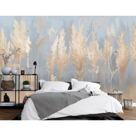 Fototapet Modern 3D cu Plante Aurii pe Albastru