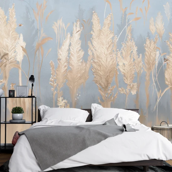 Fototapet Modern 3D cu Plante Aurii pe Albastru