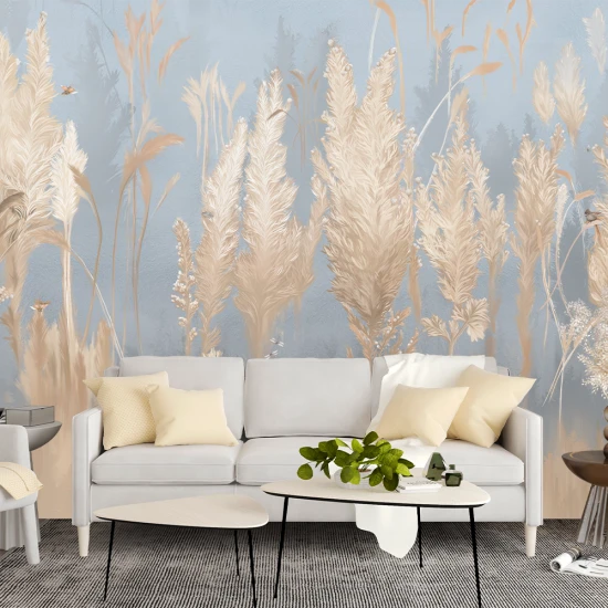 Fototapet Modern 3D cu Plante Aurii pe Albastru