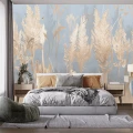 Fototapet Modern 3D cu Plante Aurii pe Albastru