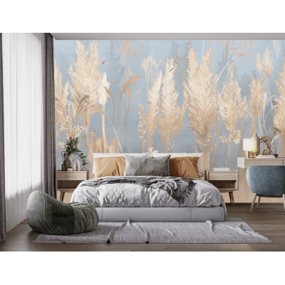 Fototapet Modern 3D cu Plante Aurii pe Albastru Premier Decor