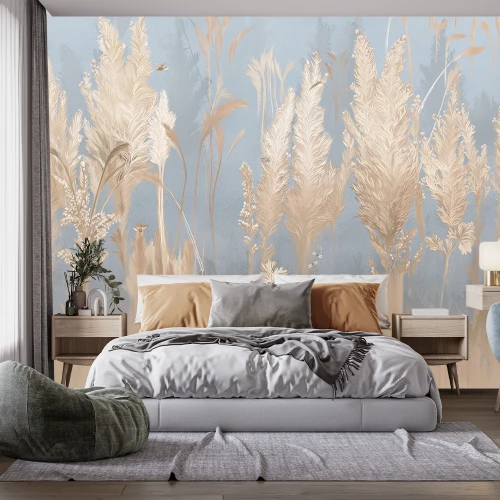 Fototapet Modern 3D cu Plante Aurii pe Albastru