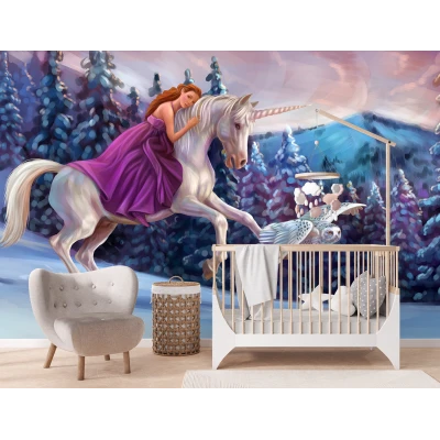 Fototapet Modern 3D - Dormitor si Living, Unicorn si Prințesă Premier Decor